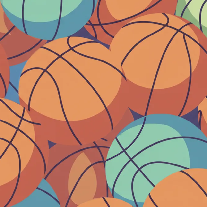 A dense pile of stylized basketballs in shades of orange and light teal.