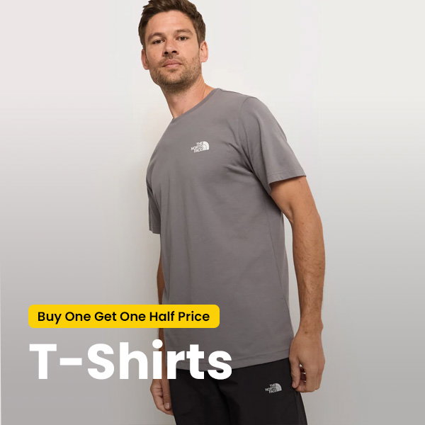 Male model wears half DOme Logo tee with title Buy One Get One half Price t-shirts