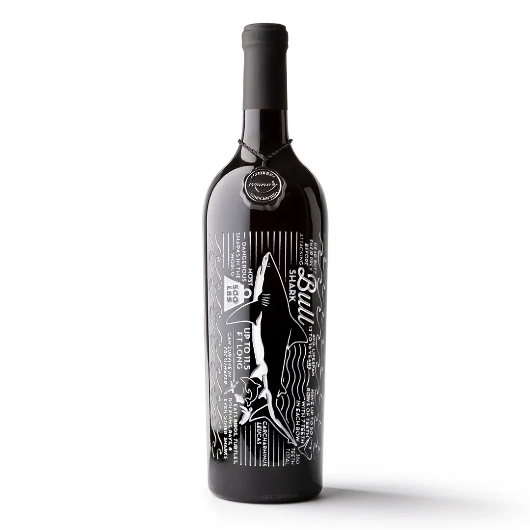 Image of Bull Shark Facts Etched Wine Bottle