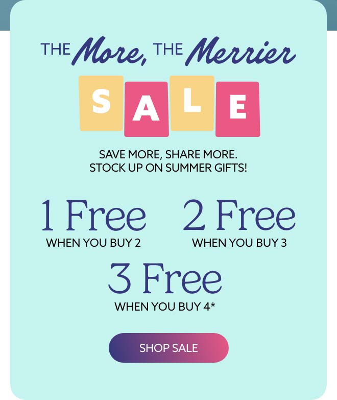 A blue text card. Shop The More the Merrier Sale.