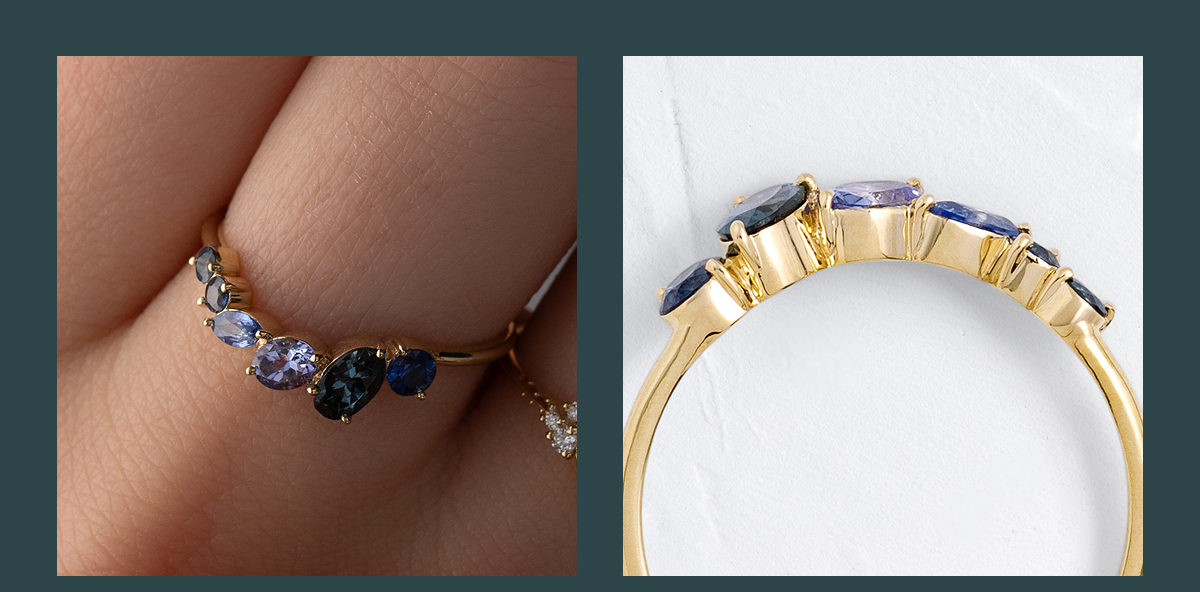 Overview of the Mountain Spring Band in Sapphire, shown both worn on a hand and on a textured white background