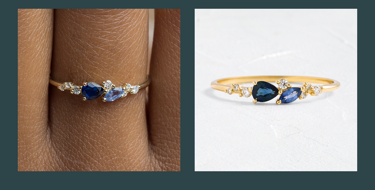 Overview of the Rivulet Ring in Blue Sapphire, shown both worn on a hand and on a textured white background