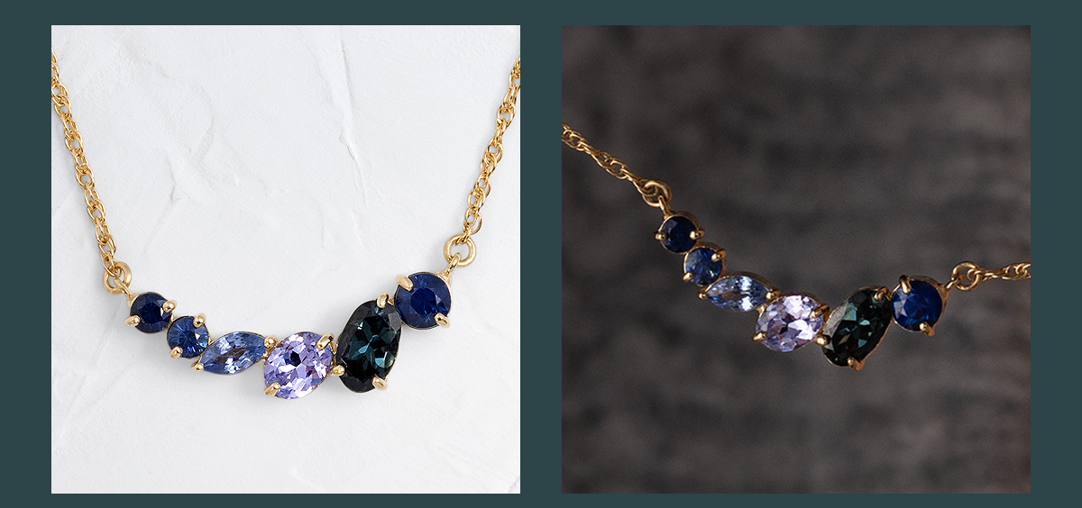 Overview of the Mountain Spring Necklace in Sapphire, shown both against a textured dark background and on a textured white background