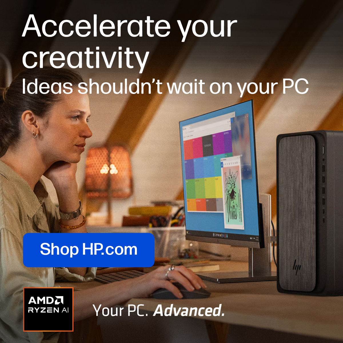 Accelerate your creativity | Ideas shouldn’t wait on your PC | Shop HP.com | AMD Ryzen AI | Your PC. Advanced.