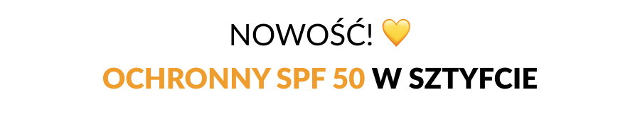 Promotional banner: New! SPF 50 protective sunscreen stick with yellow heart icon
