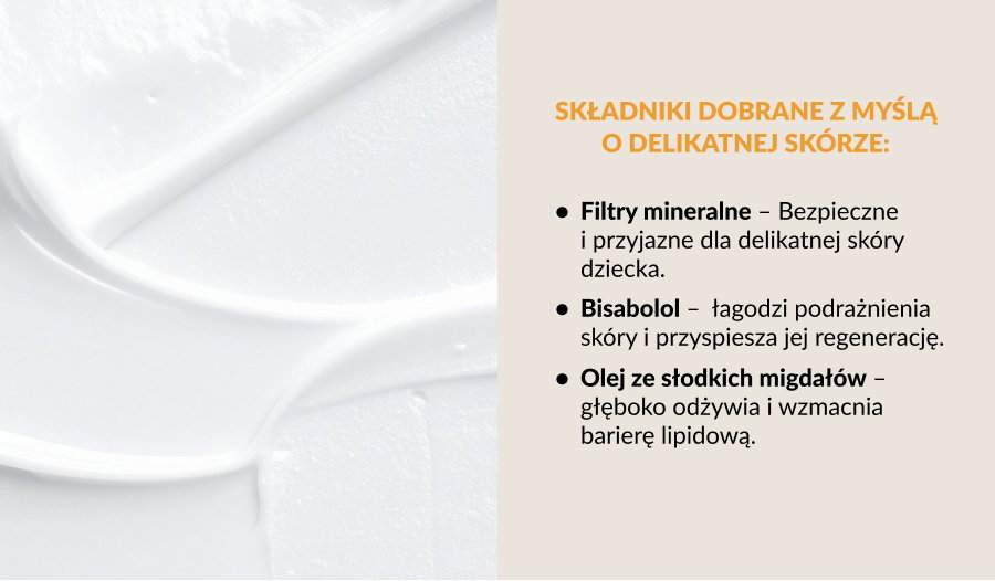 Close-up white cream texture with a Polish text panel listing baby-safe ingredients: mineral filters, bisabolol, sweet almond oil
