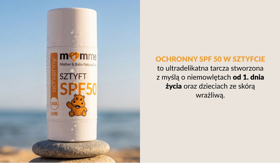 Momme SPF50 protective sunscreen stick for babies on stacked stones at a beach, water droplets on the tube