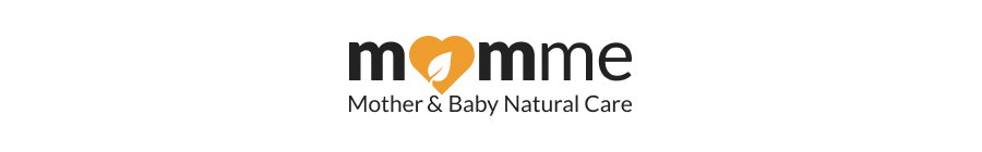 Momme logo with orange heart-shaped leaf symbol and text 'Mother & Baby Natural Care'
