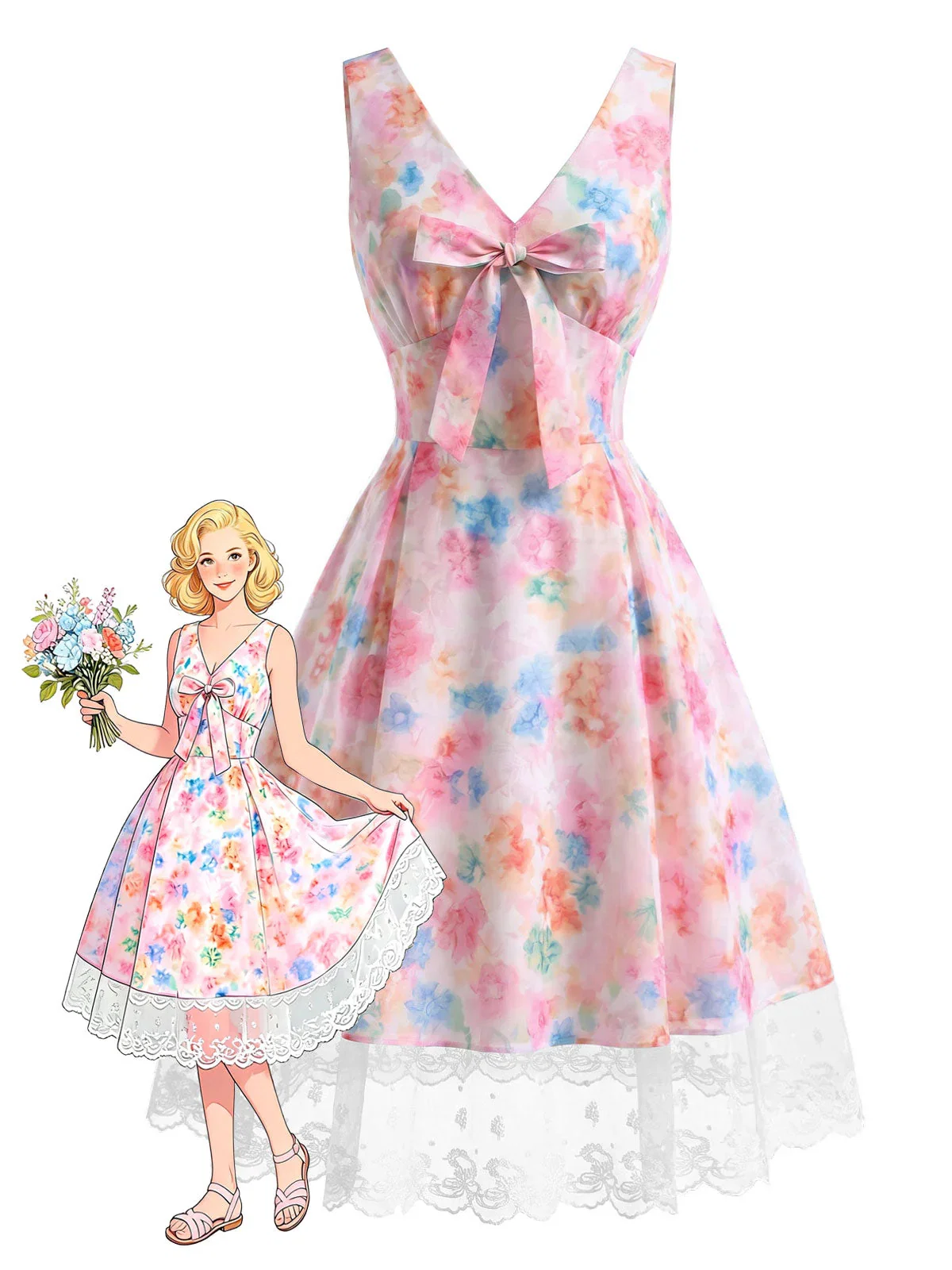 [Pre-Sale] Multicolor 1950s Lace Bow Watercolor Floral Dress