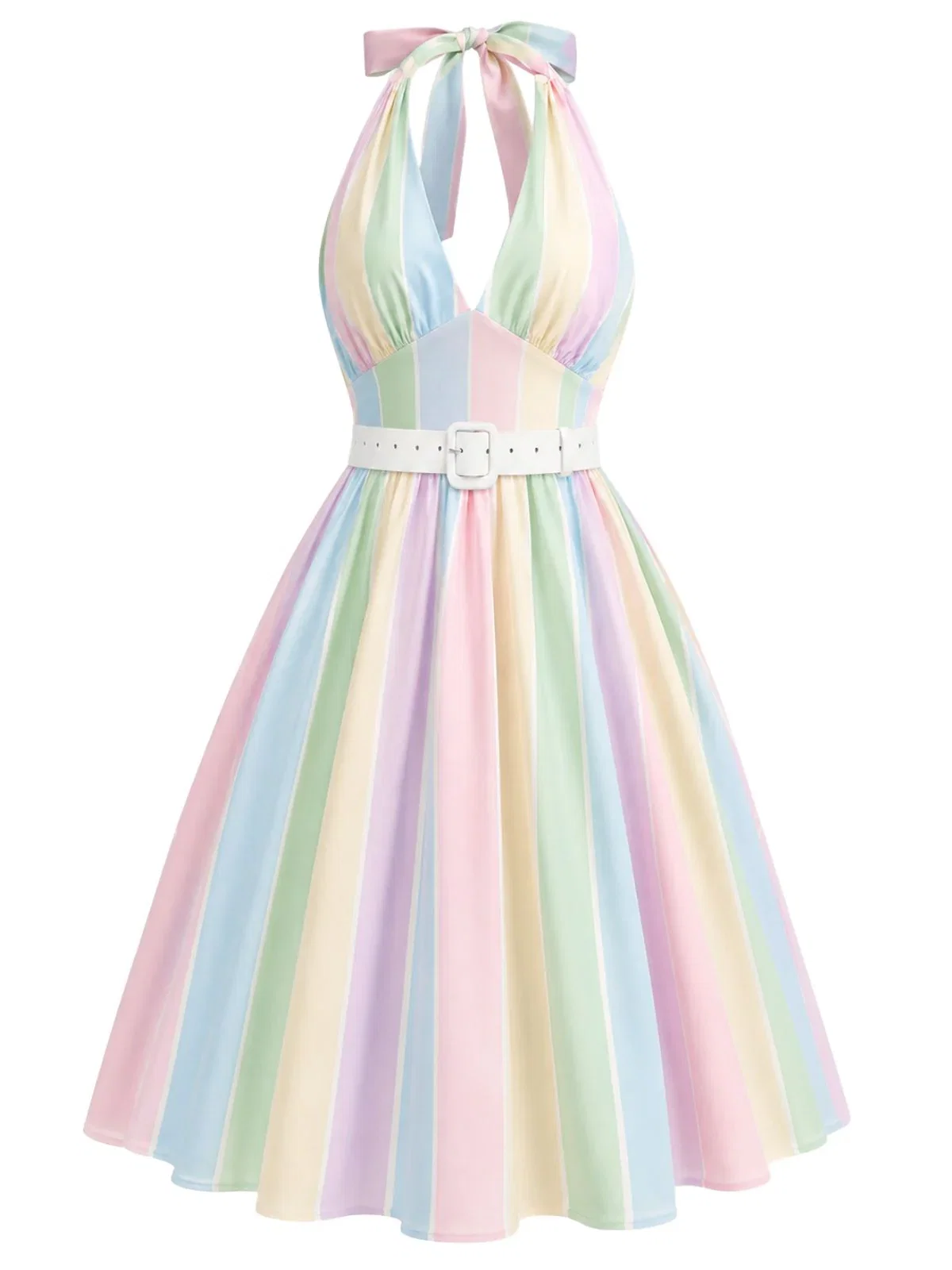 [Pre-Sale] 1950s Rainbow Striped Halter Belted Dress