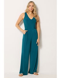 Teal Blue V-Neck Wide Leg Jumpsuit