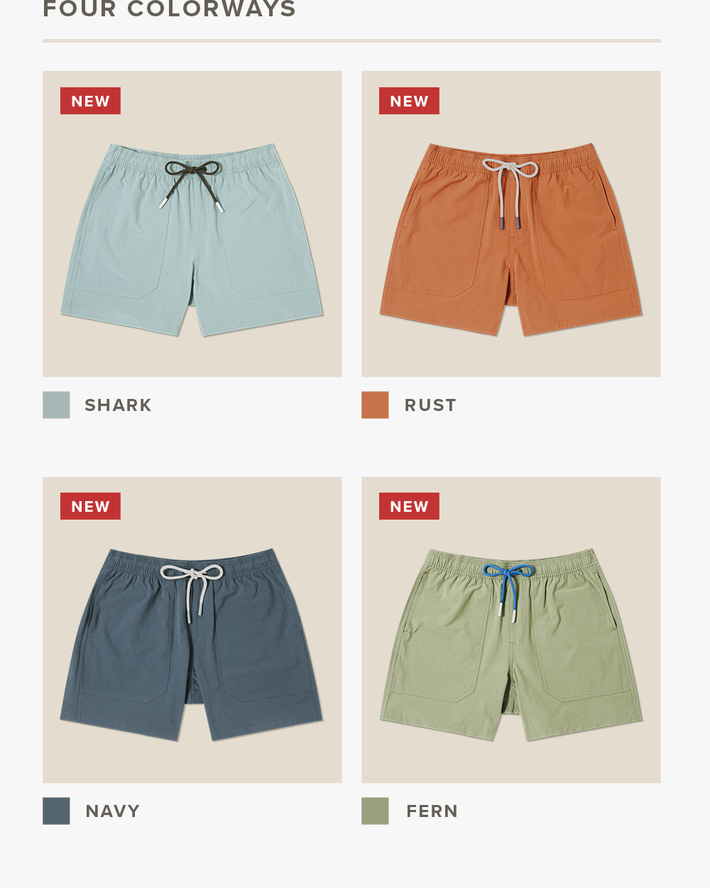 Four pairs of shorts in light blue, orange, dark blue, and green are arranged in a grid on a beige background. Text reads: 'Four Colorways New Shark New Rust New Navy New Fern'