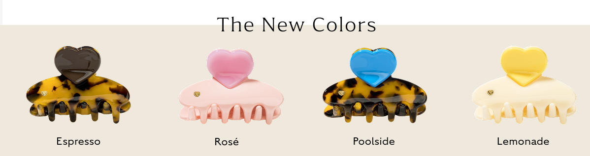 The new hairclip colors lined up on a beige background. 
