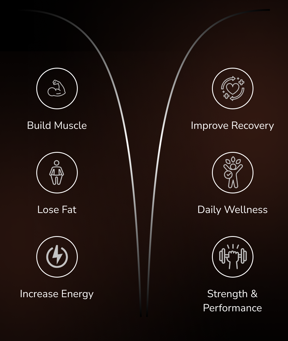 Icons representing build muscle, improve recovery, lose fat, daily wellness, increase energy, strength & performance.