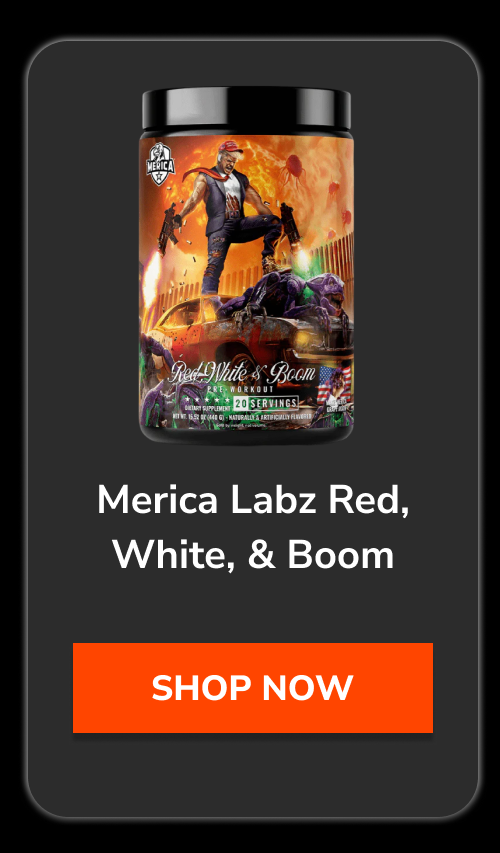 Merica Labz Red, White, & Boom supplement container with a colorful design.