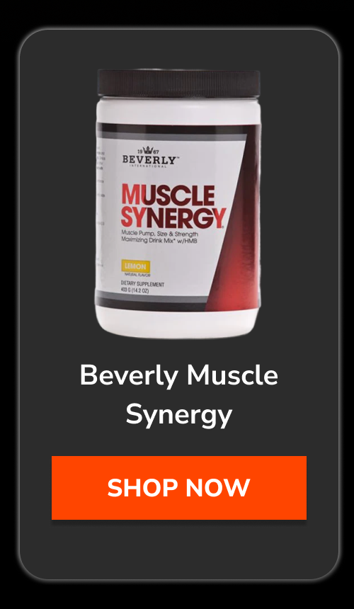 Beverly Muscle Synergy supplement container with red and white design.