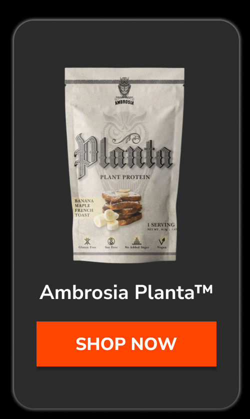 Ambrosia Planta plant protein bag with banana flavor and serving suggestion.