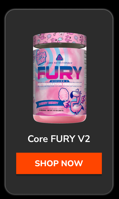Core FURY V2 pre-workout in cherry berry flavor with a pink container.