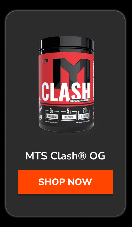 MTS Clash OG supplement container with details on ingredients and servings.
