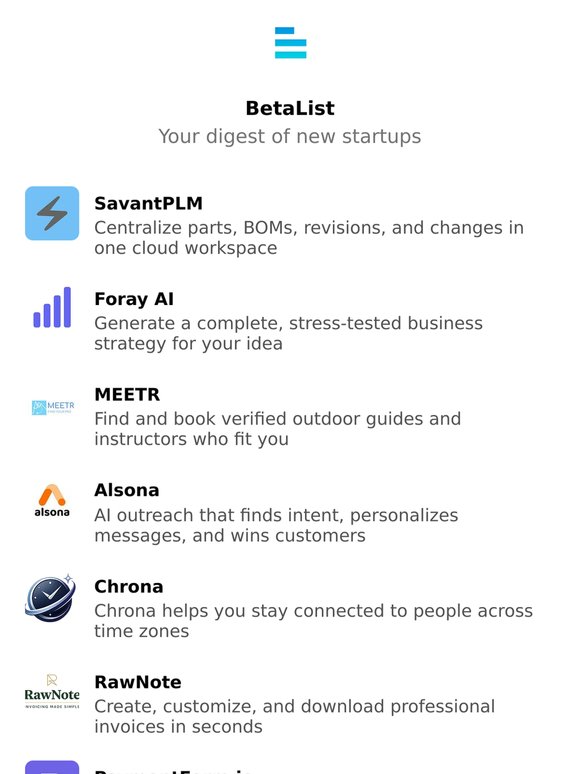 SavantPLM, Foray AI, MEETR, Alsona, Chrona, and more