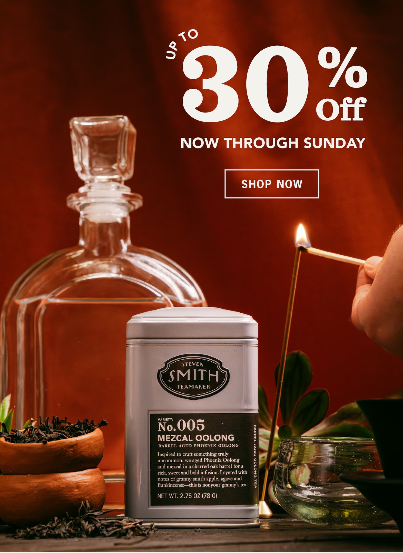 Hero: Up to 30% off now through Sunday   CTA: Shop Now 