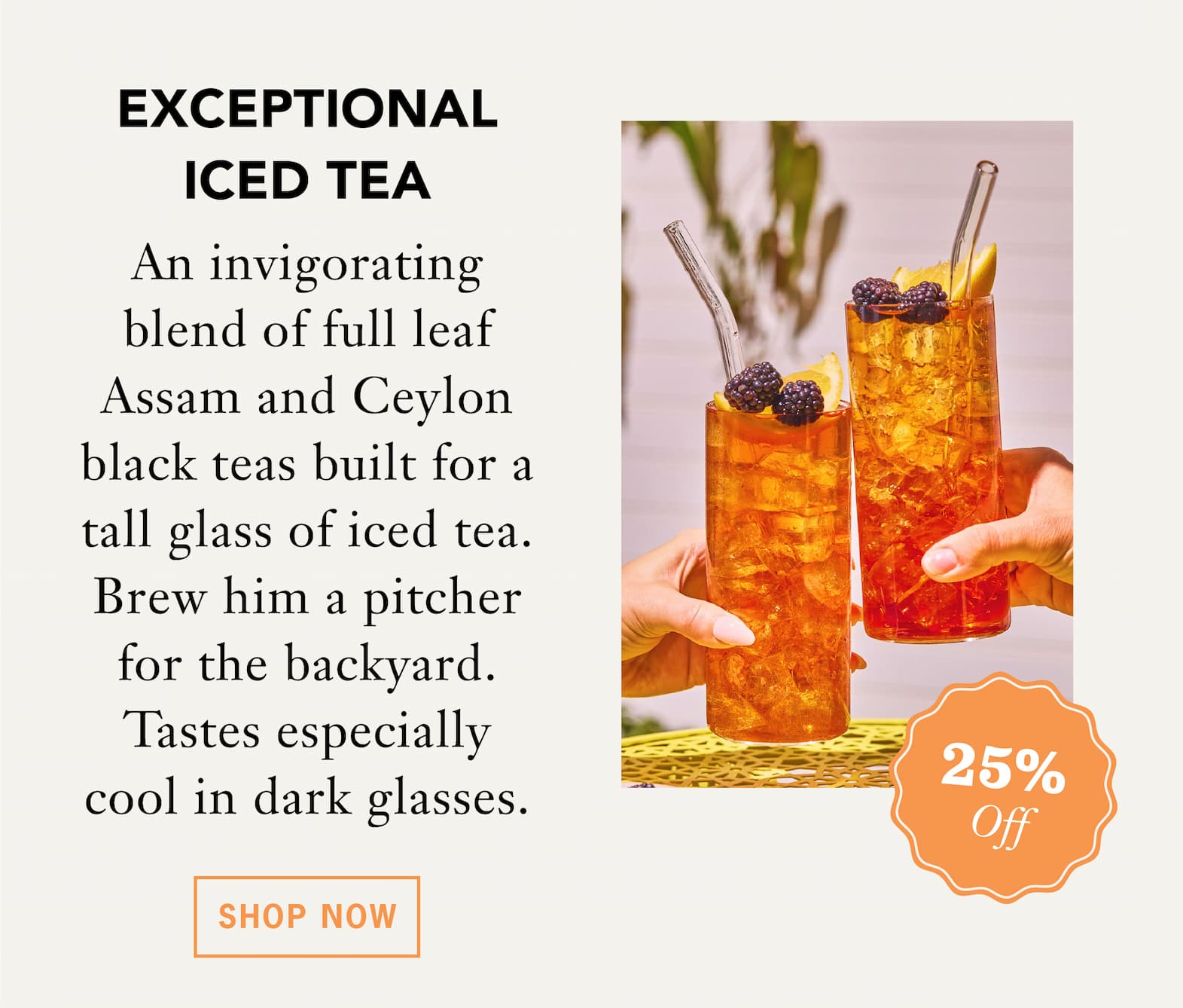 [25% Off] EXCEPTIONAL ICED TEA   An invigorating blend of full leaf Assam and Ceylon black teas built for a tall glass of iced tea. Brew him a pitcher for the backyard. Tastes especially cool in dark glasses. 