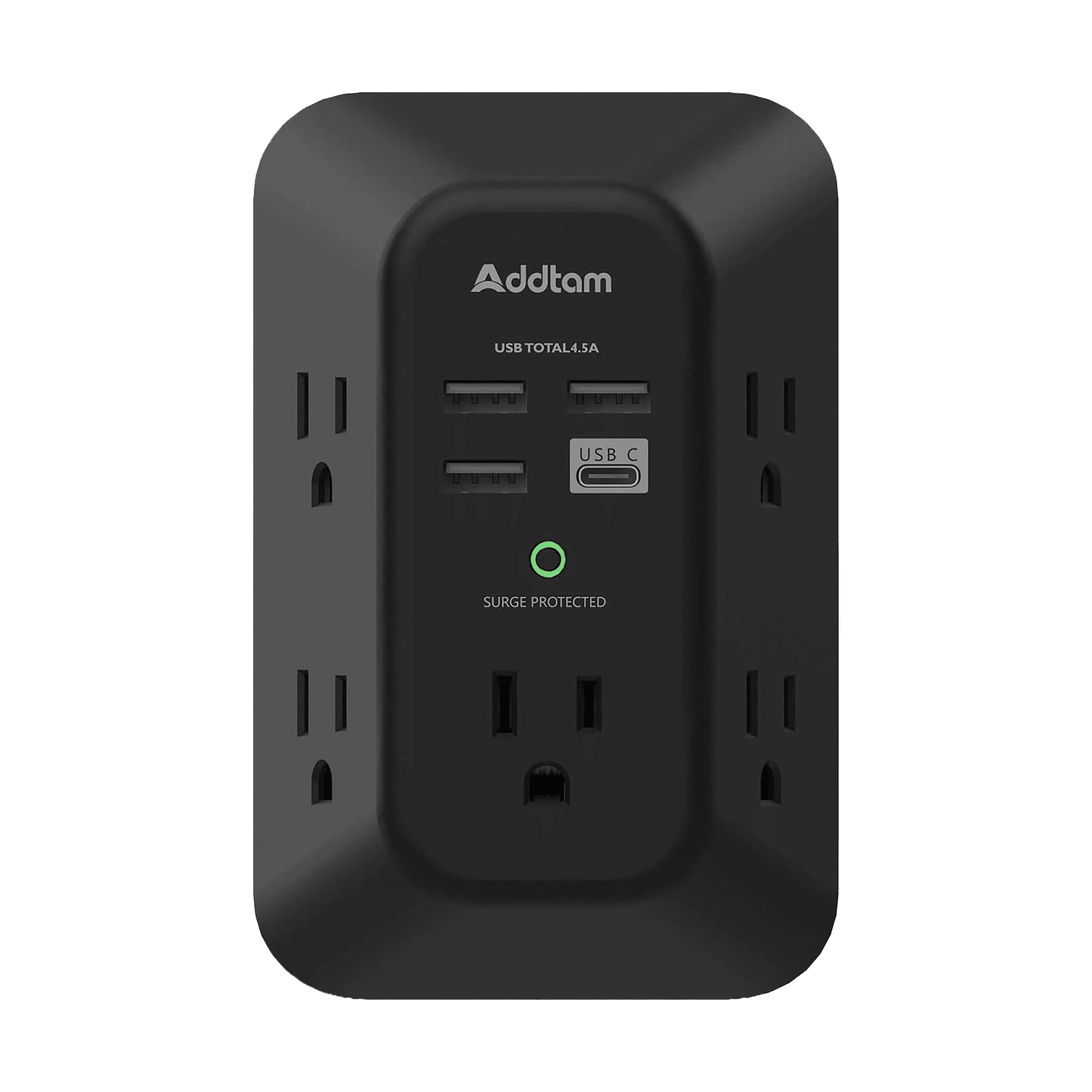 Addtam 5-Outlet Surge Protector with 4 USB Ports (1 USB-C) - Black, 1800J
