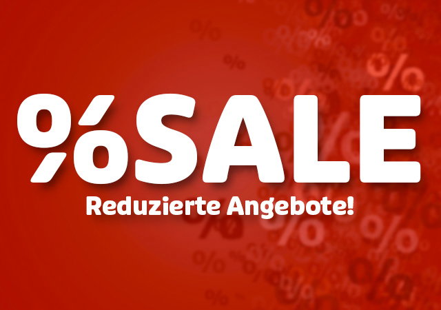 Roter SALE-Hinweis mit großem Prozentzeichen und dem Text „Reduzierte Angebote!“