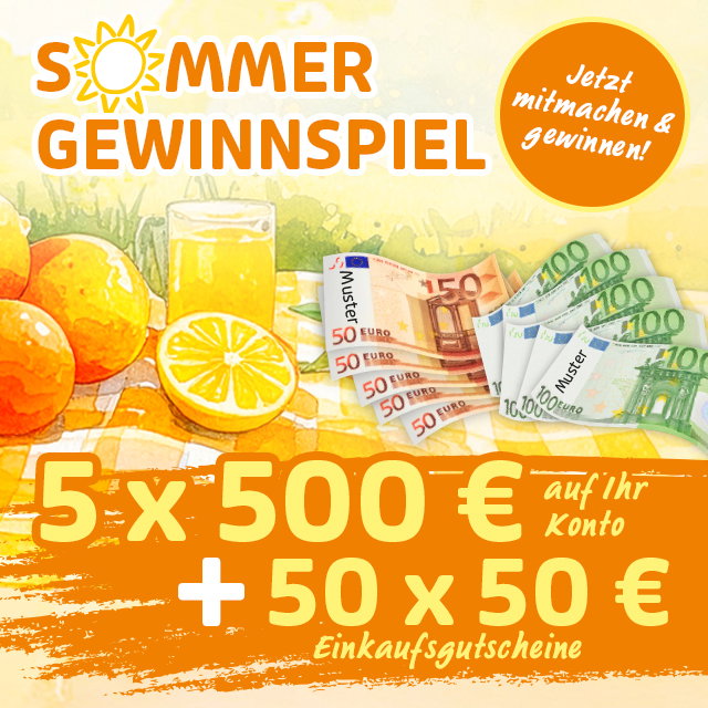 Sommer-Gewinnspiel mit 5 x 500 € und 50 Einkaufsgutscheinen