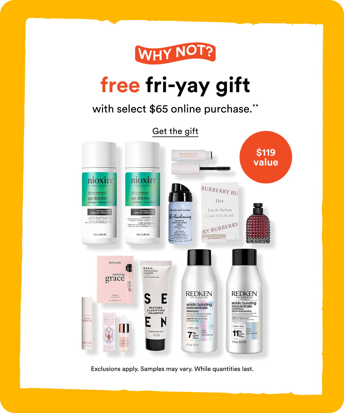 Why not? | Free fri-yay gift with select $65 online purchase** | Get the gift