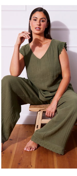 Pyjamas, muslin, spets, v-ringning, ärmlös