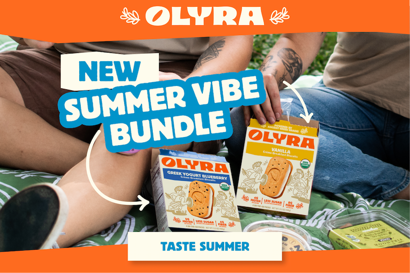 Olyra’s new Summer Vibe Bundle includes Vanilla and Greek Yogurt Blueberry crème biscuits.