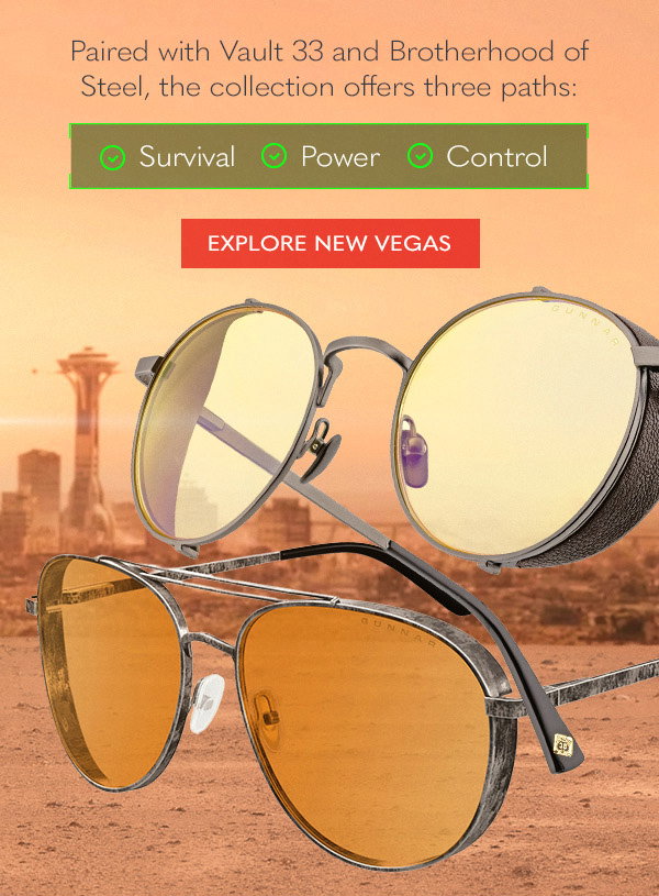 Paired with Vault 33 and Brotherhood of Steel, the collection offers three paths: Survival; Power; Control; Explore New Vegas.