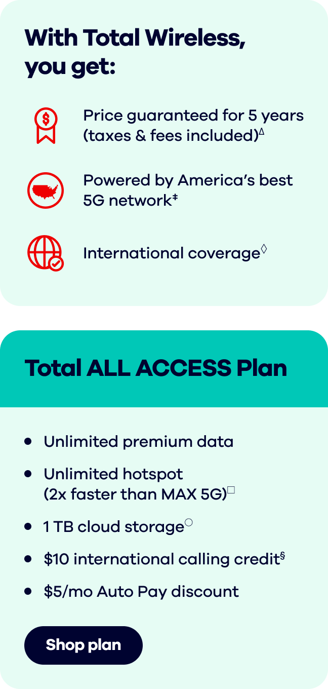 With Total Wireless, you get:  Price guaranteed for 5 years (taxes & fees included)∆. Powered by America's best 5G network‡. International coverage◊. Total ALL ACCESS Plan. Unlimited premium data. Unlimited hotspot (2x faster)□. 1 TB cloud storage○. $10 international calling credit§ . $5/mo Auto Pay discount∞. Shop plan
