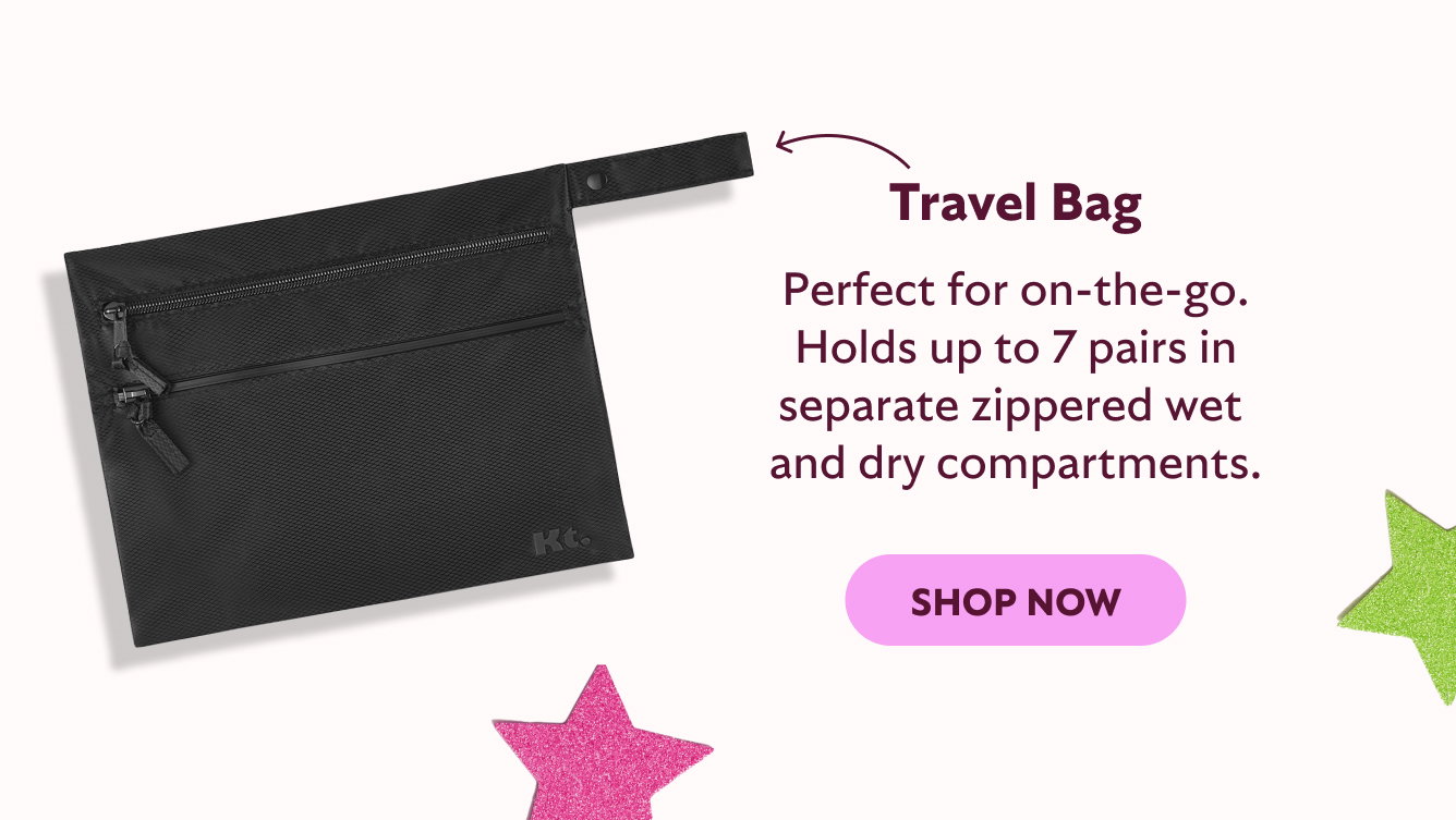 Travel Bag Perfect for on-the-go. Holds up to 7 pairs in separate zippered wet and dry compartments.