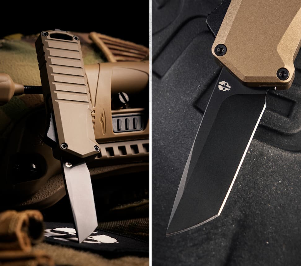 Close-up grid showcasing details of the A2 Badger OTF mini automatic knife from Tekto Knives.