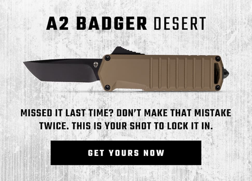 A2 Badger OTF mini automatic knife from Tekto Knives placed horizontally on a concrete background, with CTA 'Get yours now' bellow.