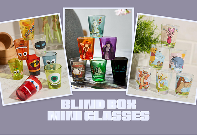 Blind Box Mini Glasses. Disney Pixar, Frieren: Beyond Journey's End, and Winnie The Pooh products shown.