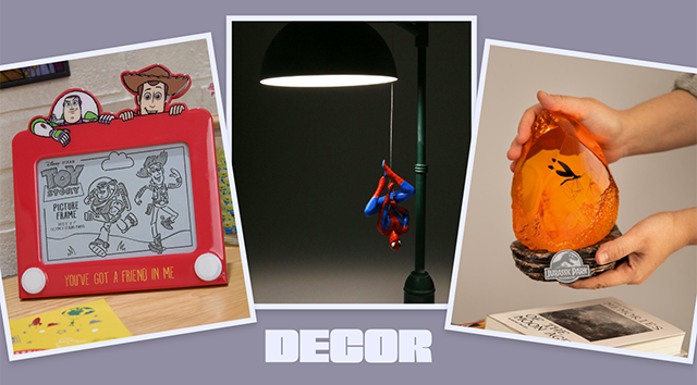 Home Decor. Toy Story, Spider-Man, and Jurassic Park products shown.