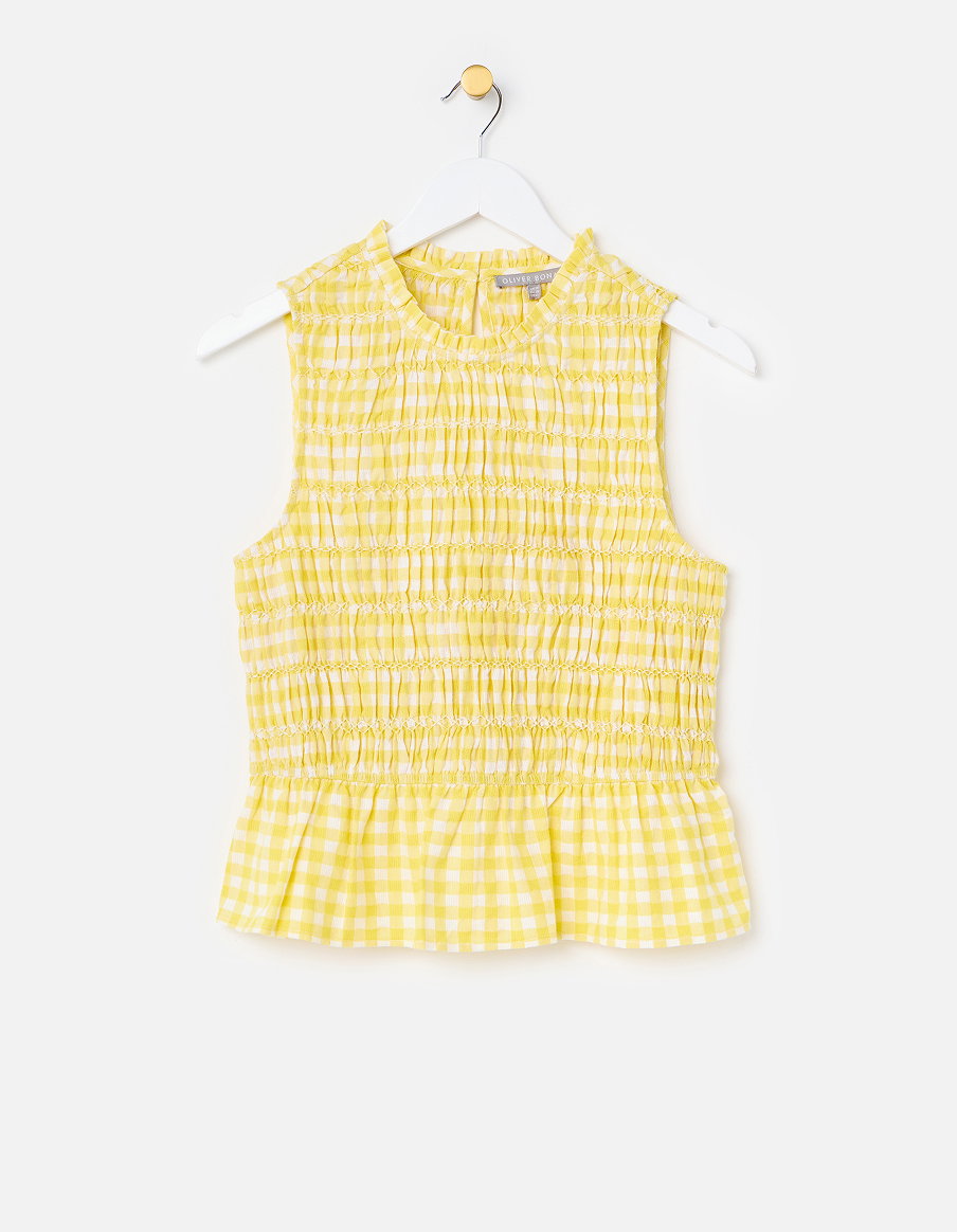 Yellow Gingham Shirred Sleeveles Top