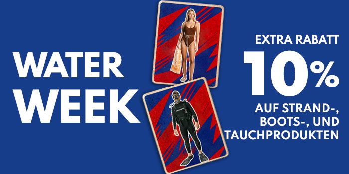 Water Week banner showing two cards with a woman in a swimsuit and a diver, offering an extra 10% off beach, boat and diving products