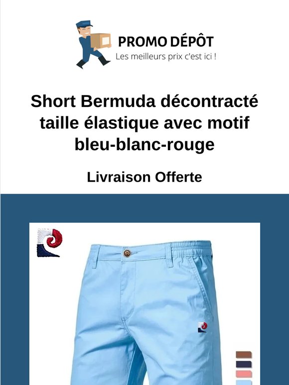 Decouvrez notre Short Bermuda décontracté taille élastique avec motif bleu-blanc-rouge