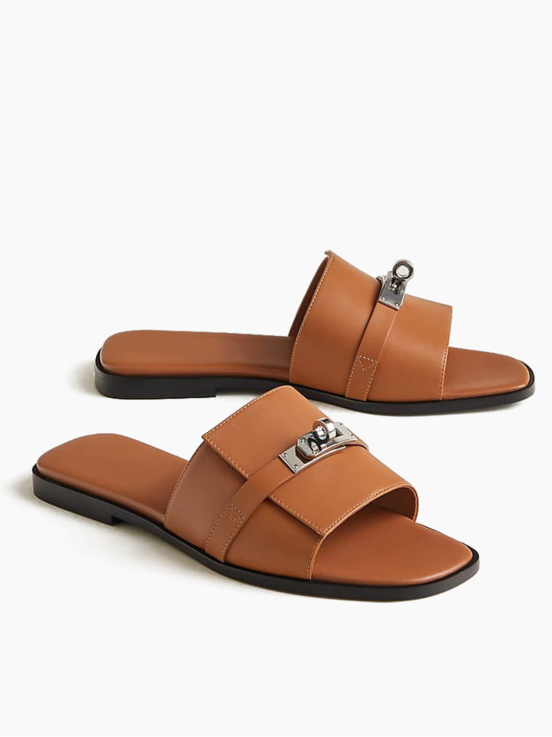 Urban Stroll Metal Buckle Leather Slides