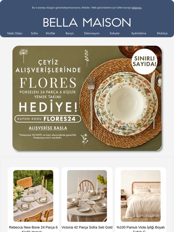 🎉Çeyiz Alışverişinde Flores Porselen 24 Parça Yemek Takımı Hediye🎉