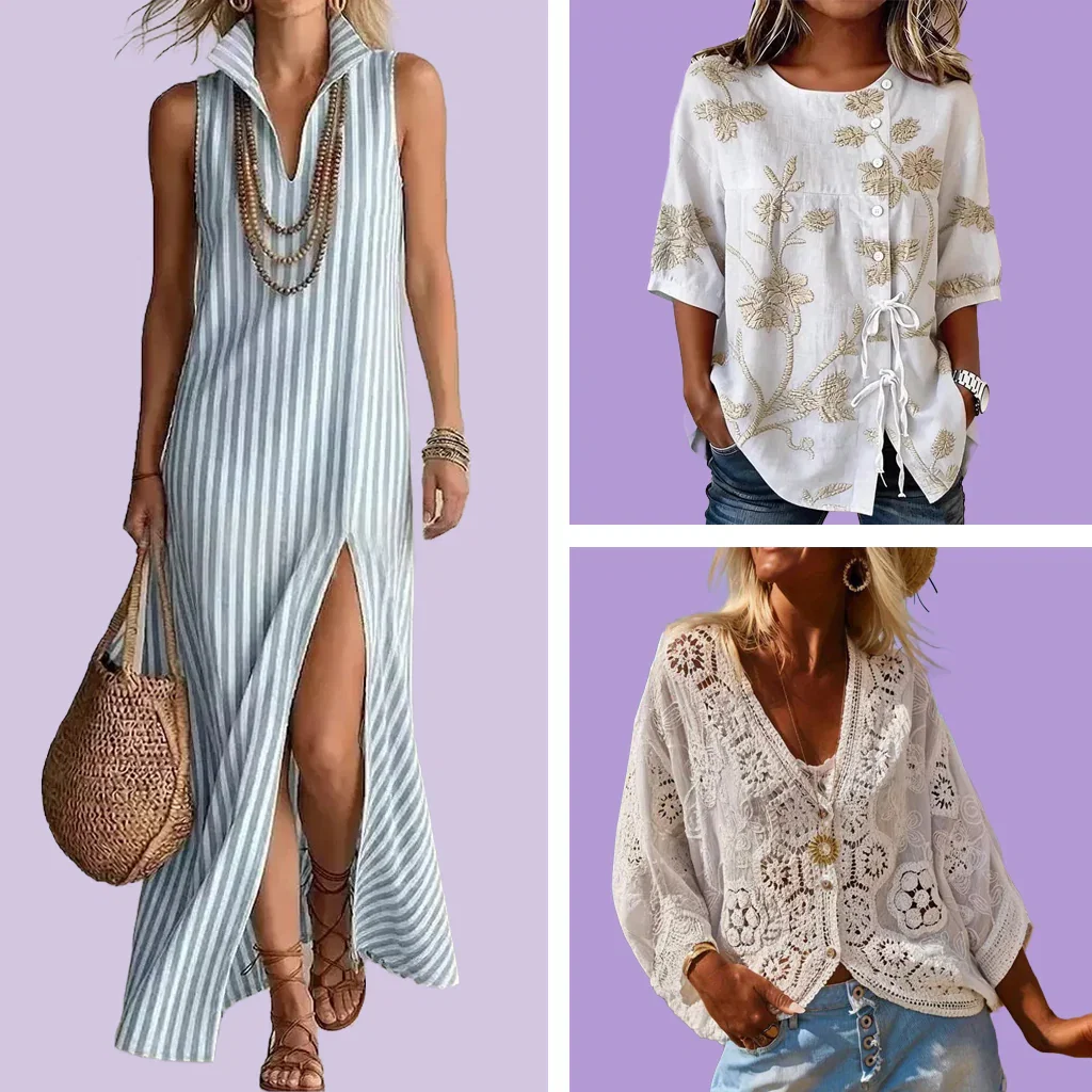 FitiqueFit's Hot Right Now collection featuring striped linen dress, embroidered tunic, and lace cardigan in neutral tones.