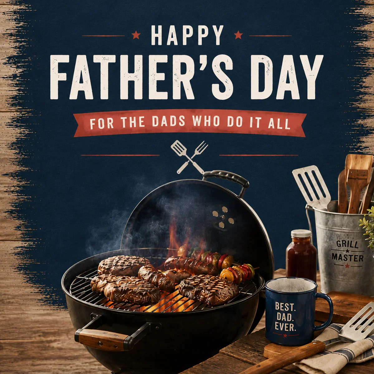 Father's Day promotional image featuring a grill with steaks and vegetables, grill tools, and a 