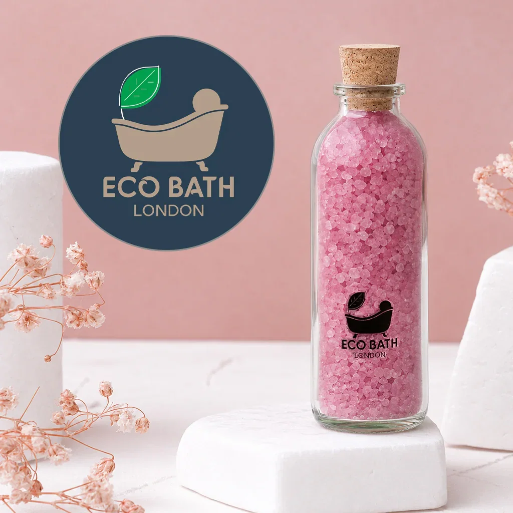 Eco Bath London pink bath salt in glass bottle with cork stopper, displayed on white marble with dried flowers and logo.