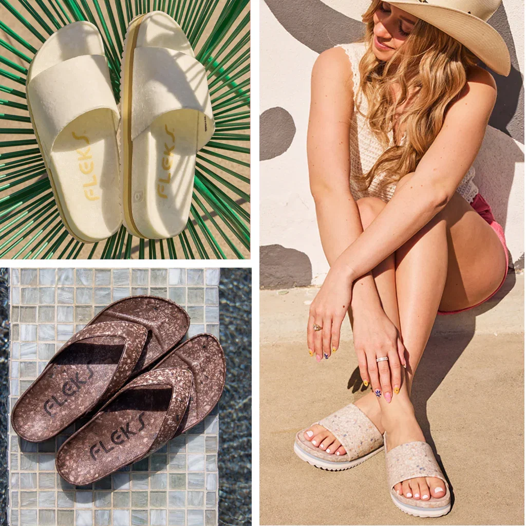 Fleks footwear collection featuring cream slip-ons, brown patterned slides, and cream platform sandals styled on a woman at the beach.