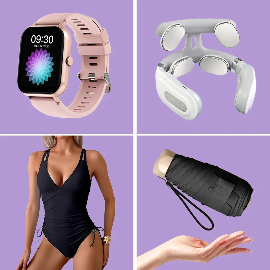 Fresh Finds at Leo Rosi: smartwatch, neck massager, swimsuit, and compact umbrella on purple background.