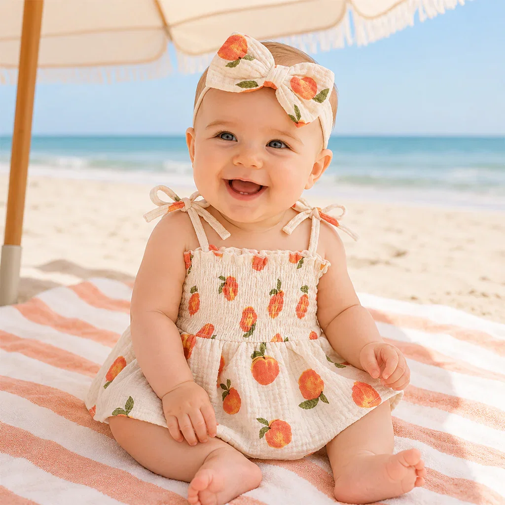 Smiling baby girl at beach wearing peach print dress and matching headbow under umbrella
